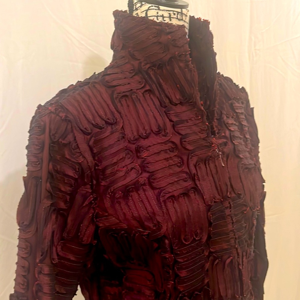 Samuel Dong sheer Ribbon front zip Burgandy Blazer large